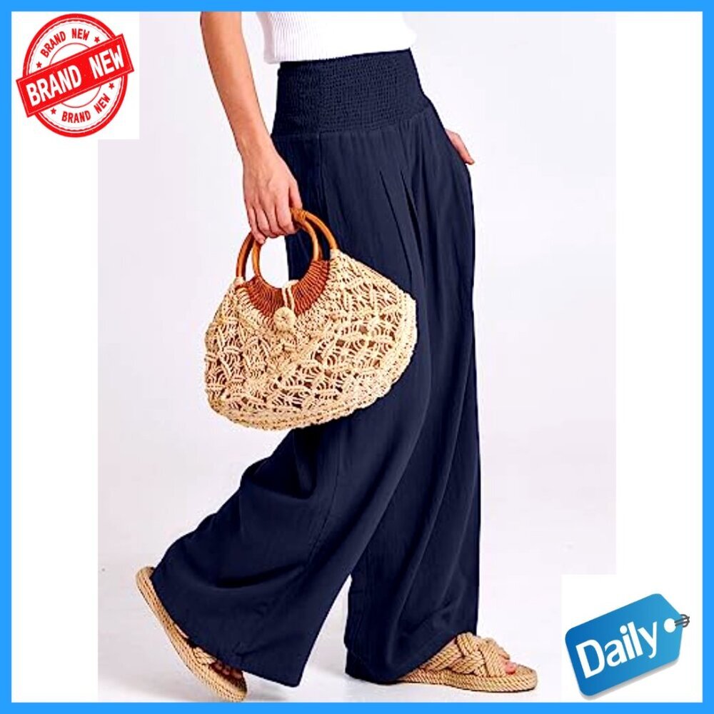 Linen Palazzo Pants Wide Leg High Waist Casual Lounge Pants - Picture 4 of 7